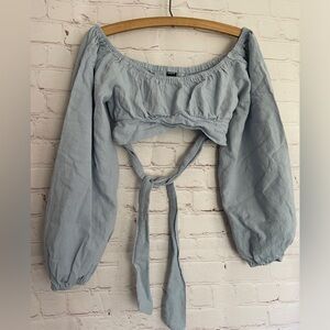 Long Sleeve Tie Soft Blue Cropped Top XS 2